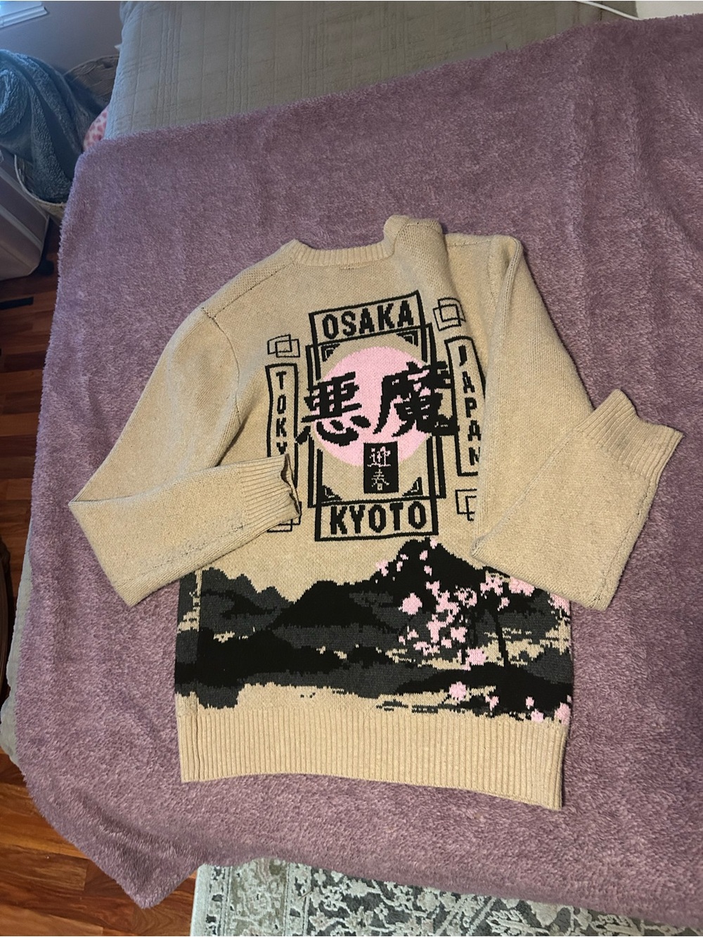 Beige Graphic Japan Scenic Sweater with Pink Accent